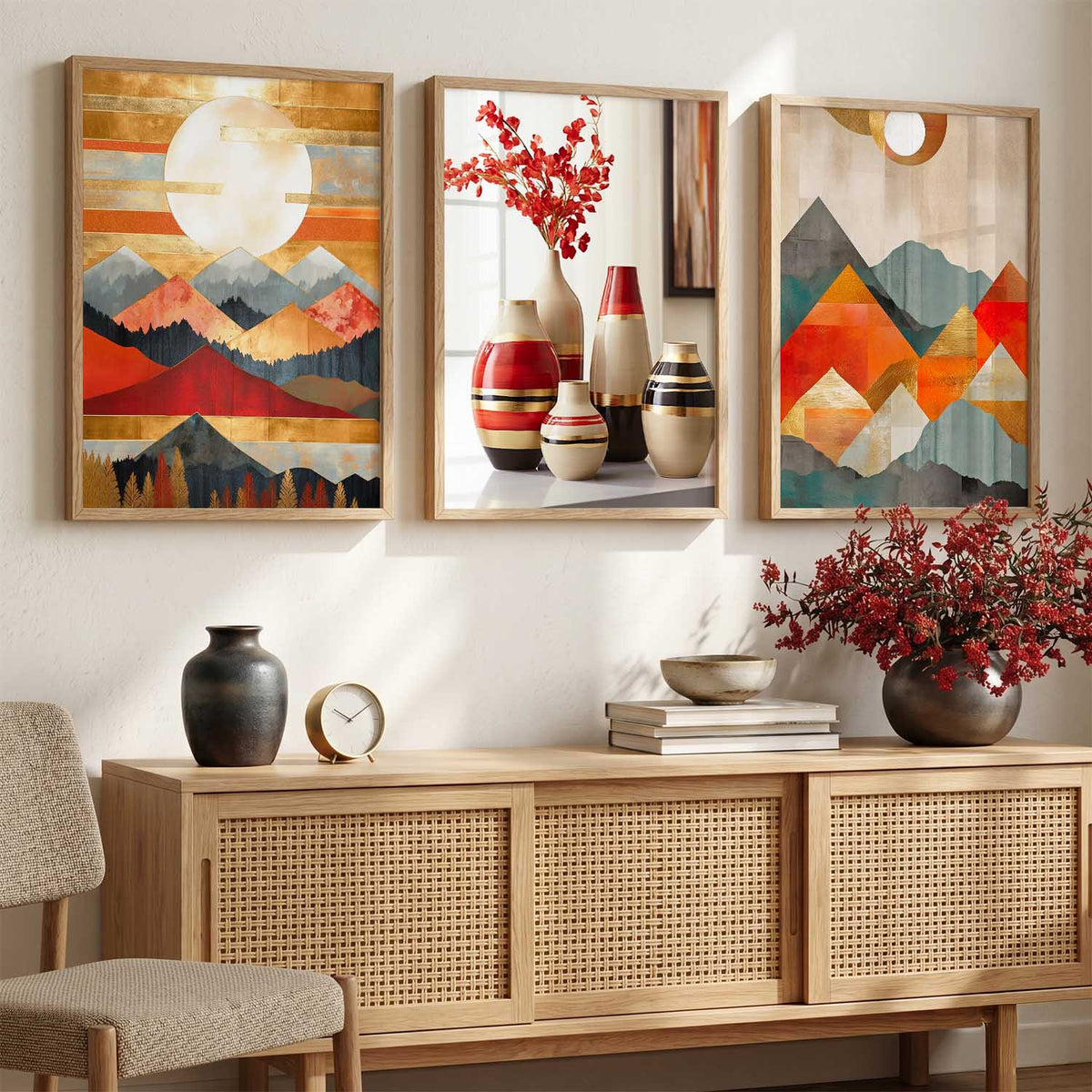 Abstract Geometric Mountain Landscape Triptych