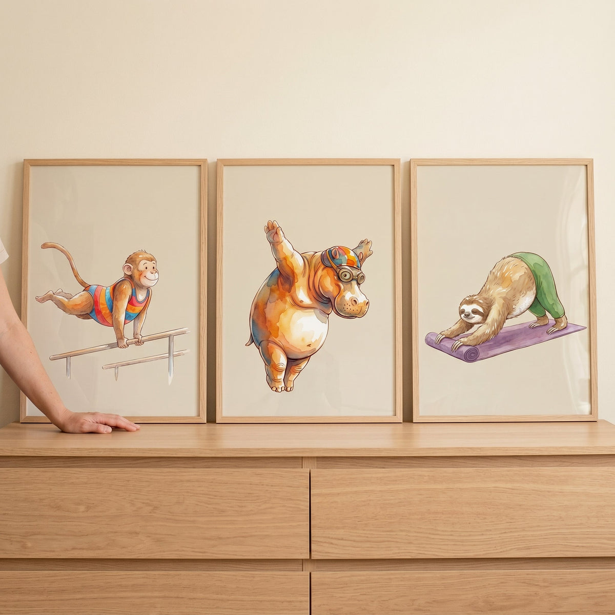 Cute Animal Athletes Watercolor Digital Art Set of 3
