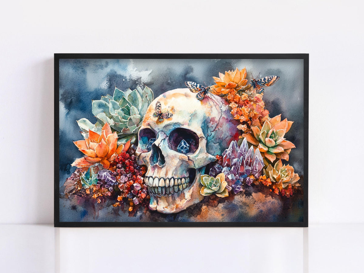 Watercolor Skull with Succulents and Butterflies Digital Art