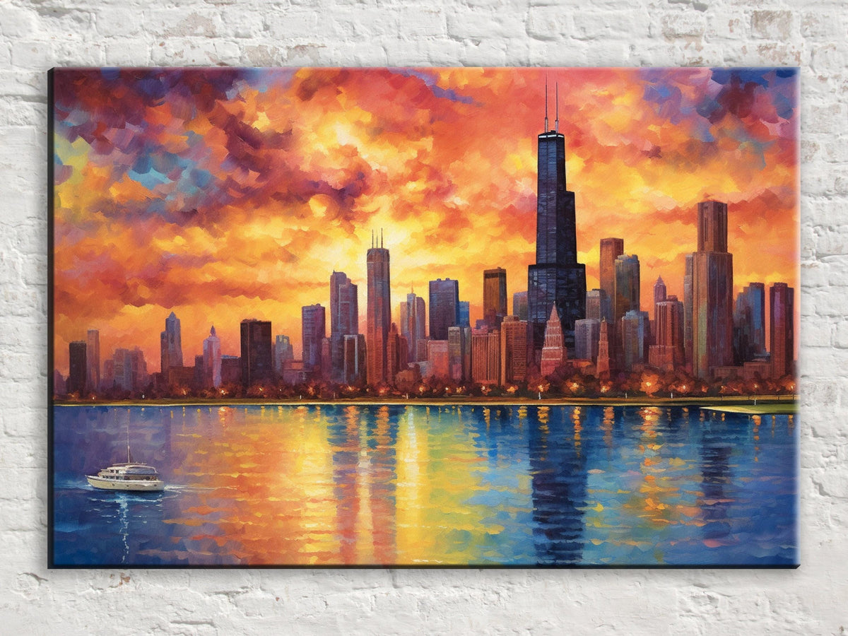 Chicago Skyline Sunset Oil Painting Digital Download