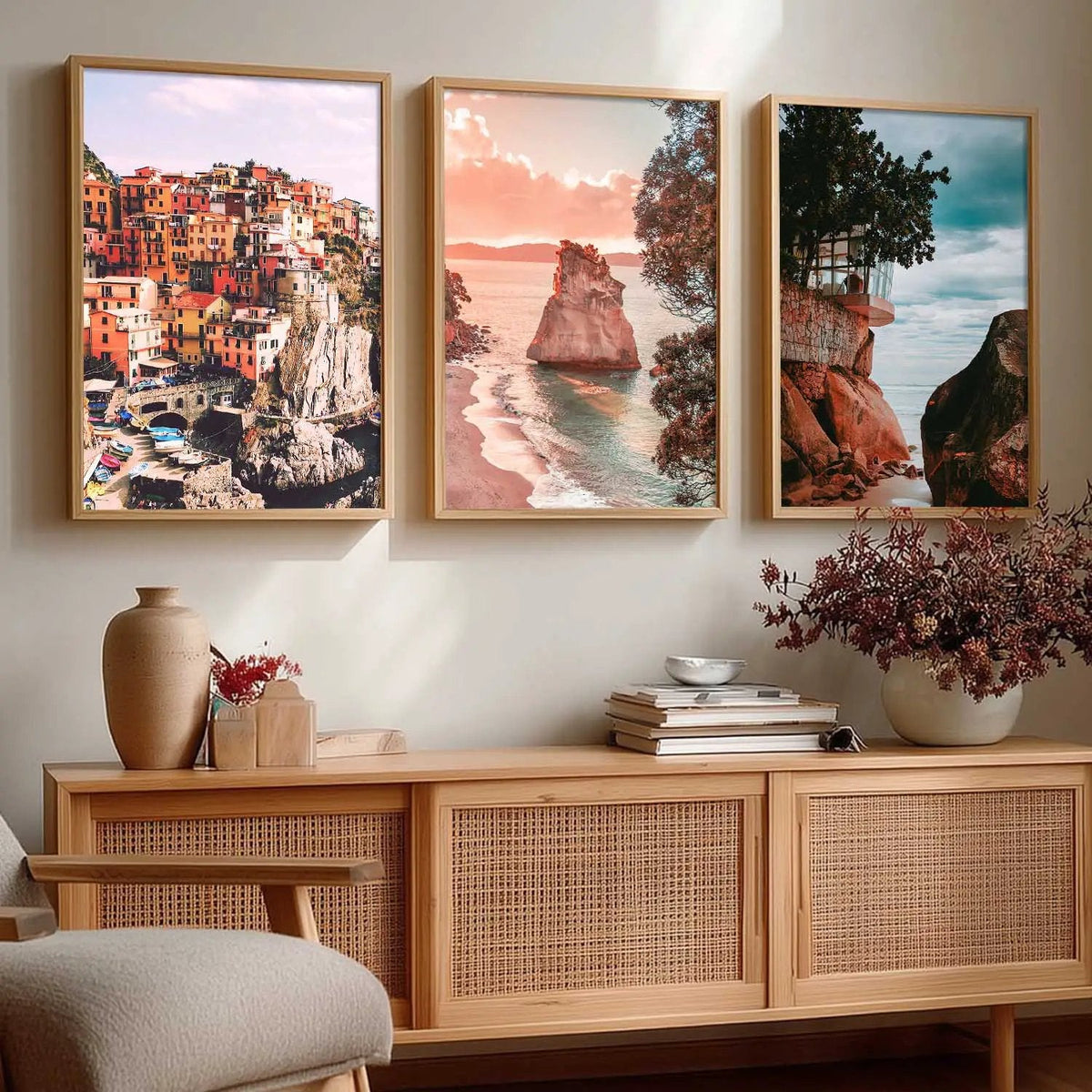 Coastal Italian Village and Seascape Triptych