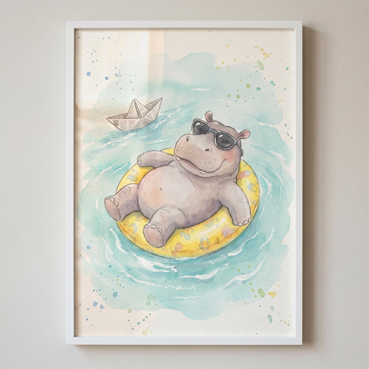 Cool Hippo Floating Watercolor Digital Art