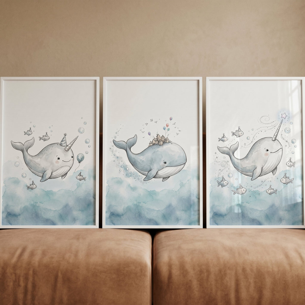 Magical Whale and Narwhal Nursery Triptych