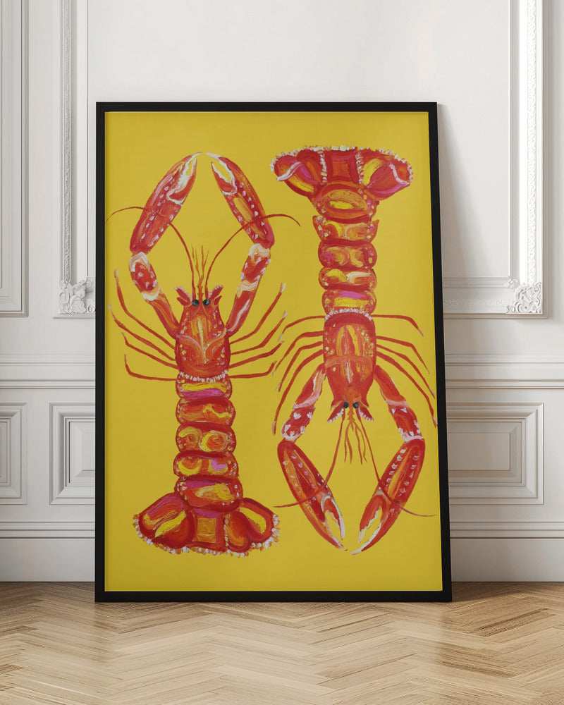 Vibrant Red Lobsters on Yellow Digital Artwork