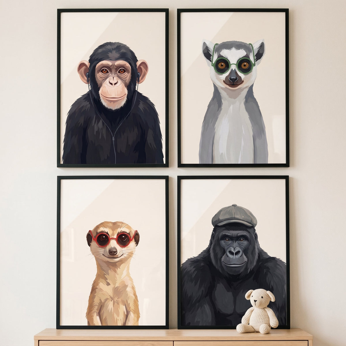 Quirky Dressed Animals Digital Art Quad Set