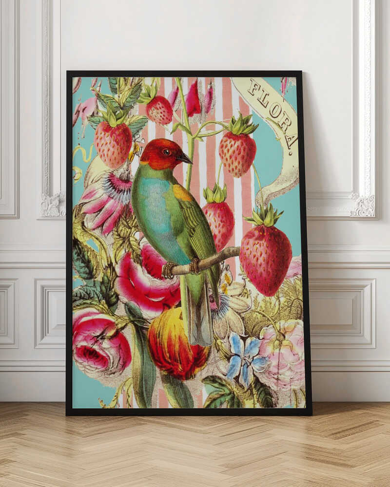 Flora Bird and Strawberry Botanical Digital Art
