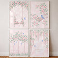 Blush Pink Floral and Little Birds Digital Art Set of Four