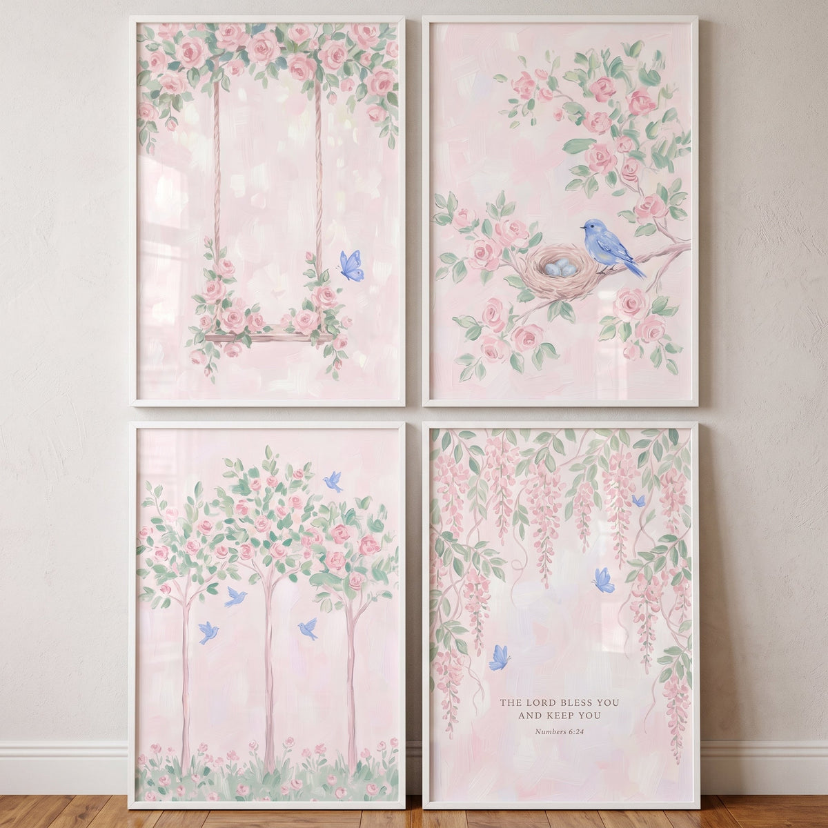 Blush Pink Floral and Little Birds Digital Art Set of Four