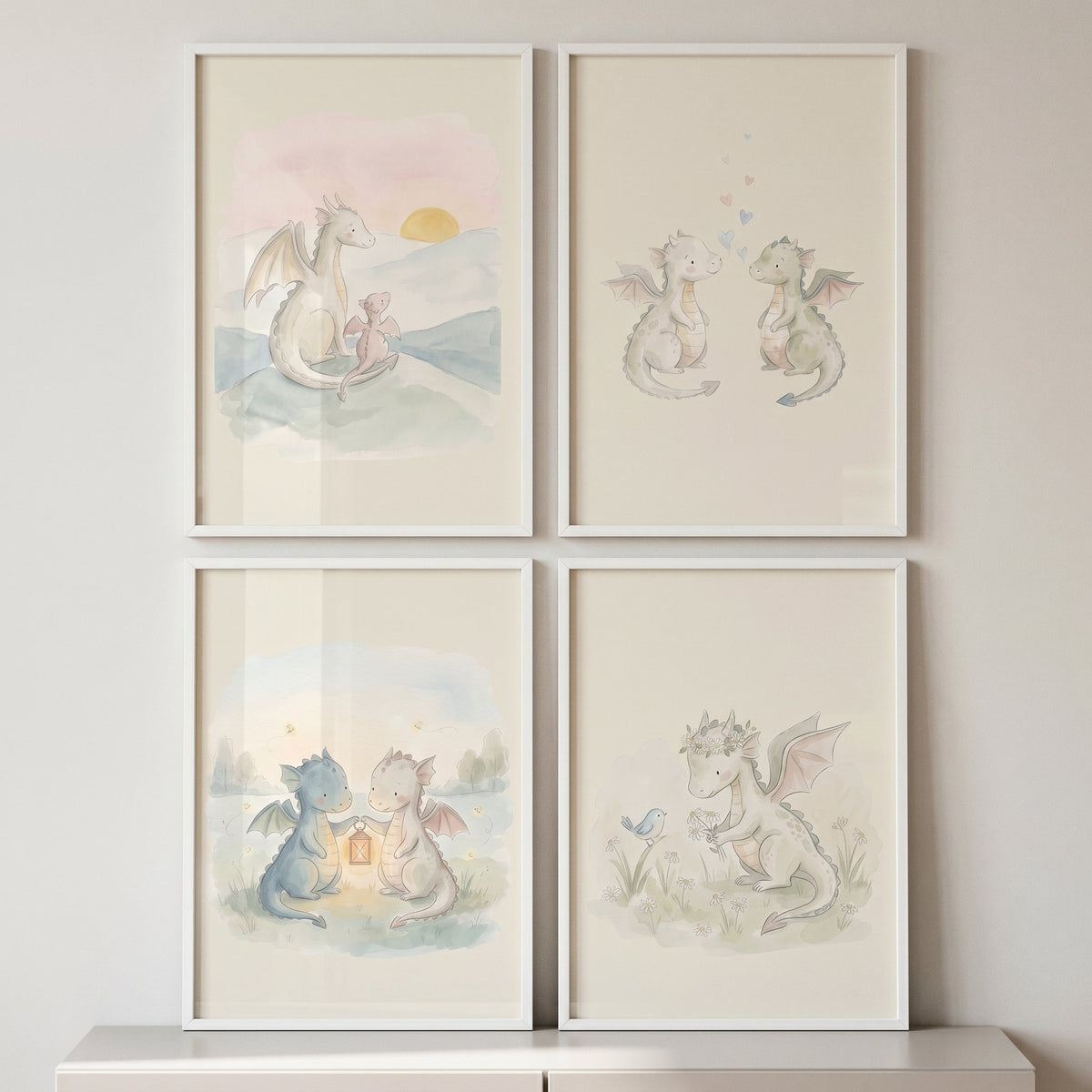 Watercolor Baby Dragon Nursery Wall Art Set of 4