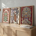Bohemian Peacock and Floral Tapestry Digital Art Triptych