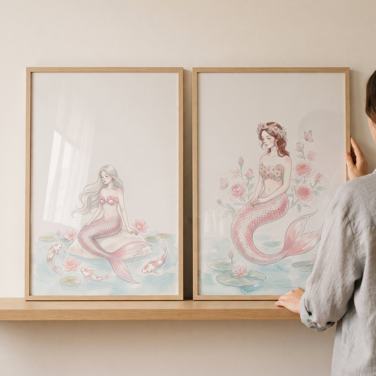 Enchanting Pink Mermaids Watercolor Digital Art