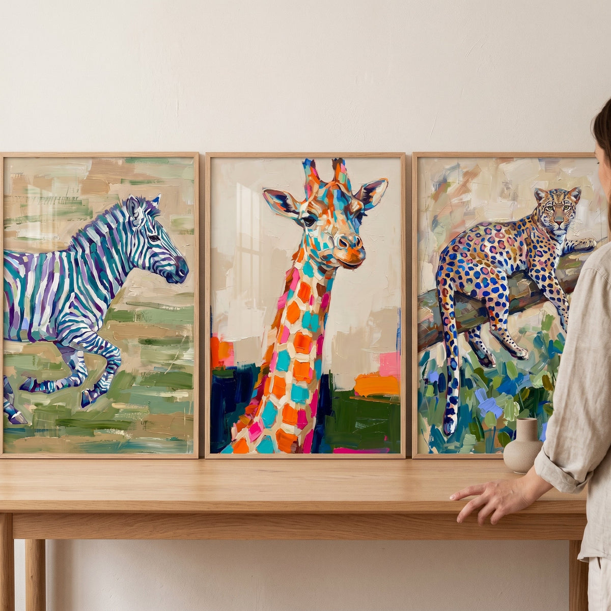 Colorful Safari Animals Digital Art Triptych