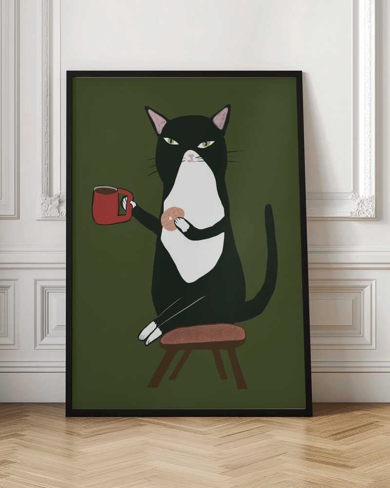 Chic Black Cat with Coffee Digital Art Print