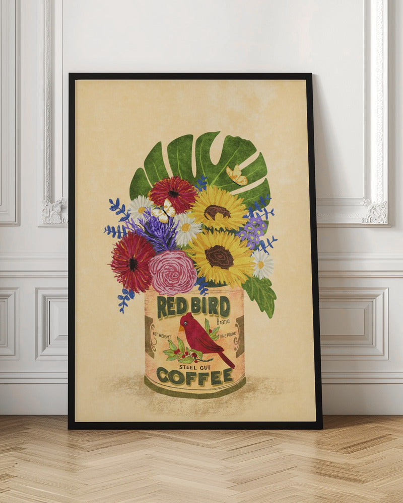 Red Bird Coffee Floral Bouquet Digital Art