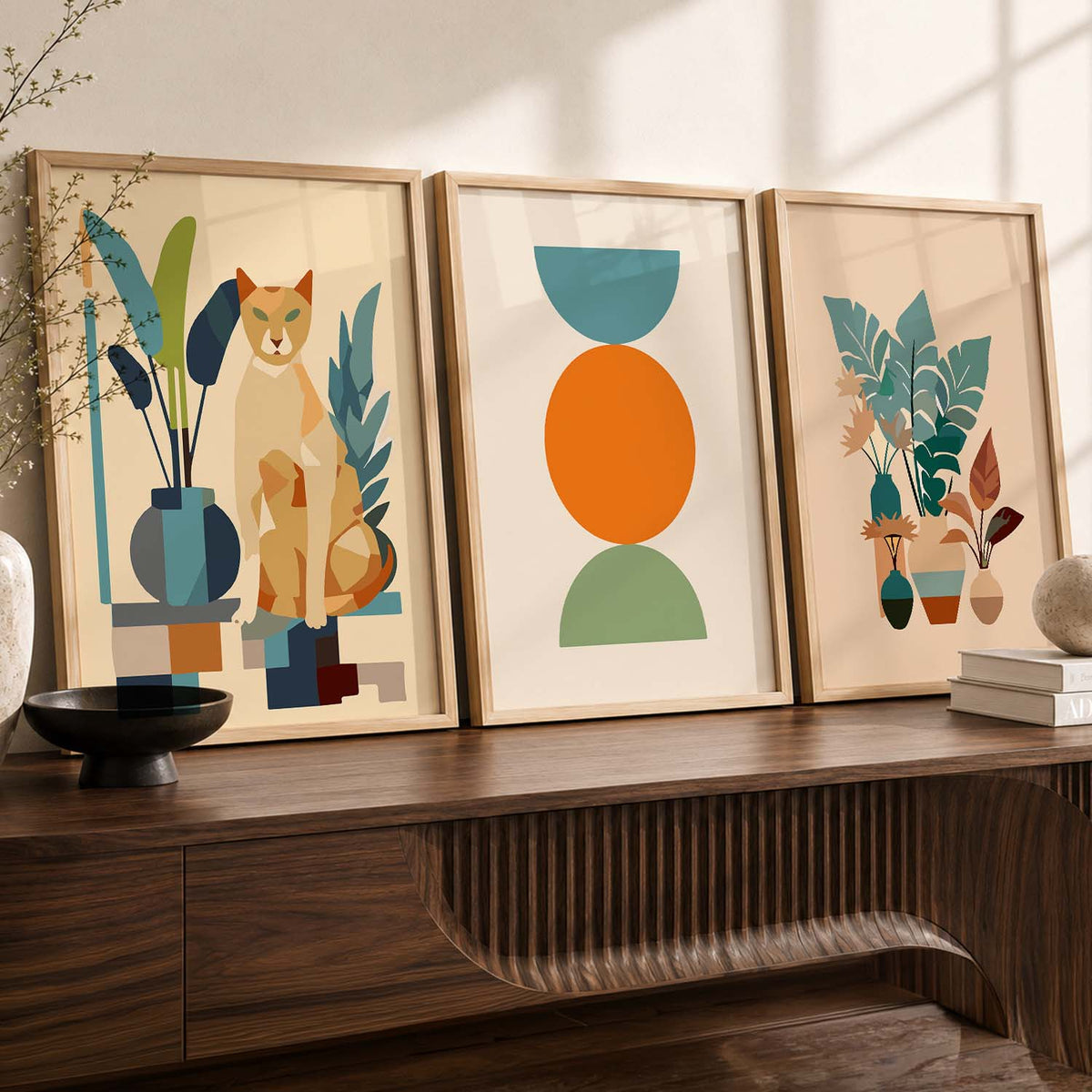 Abstract Cat and Botanical Triptych Digital Art