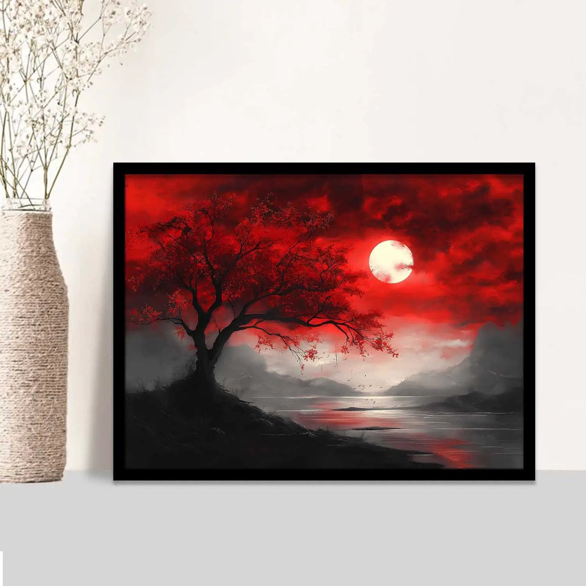 Crimson Moon Over Lake Digital Artwork
