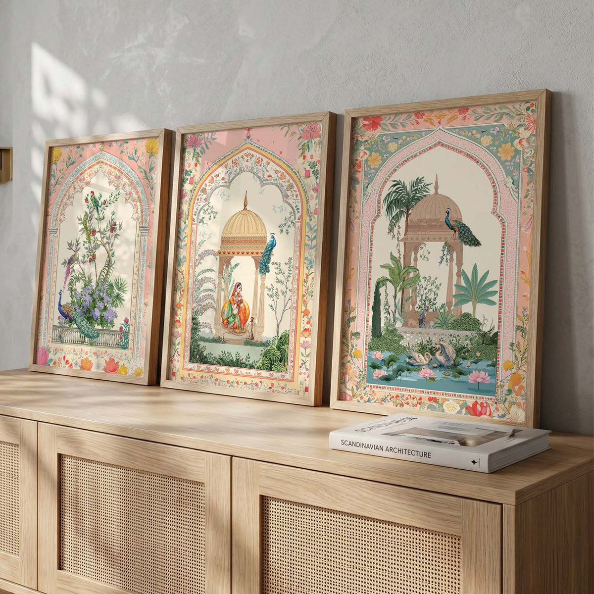 Mughal Garden Architecture Digital Art Triptych