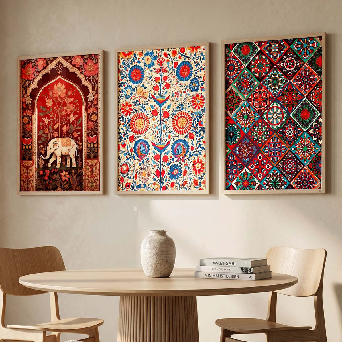 Bohemian Elephant and Floral Mosaic Triptych