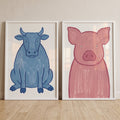 Charming Blue Bull and Pink Pig Digital Art Set