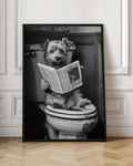 Funny Dog Reading Newspaper on Toilet Black and White Photography