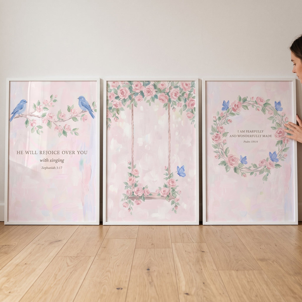 Pink Floral Scripture Triptych Digital Print Set