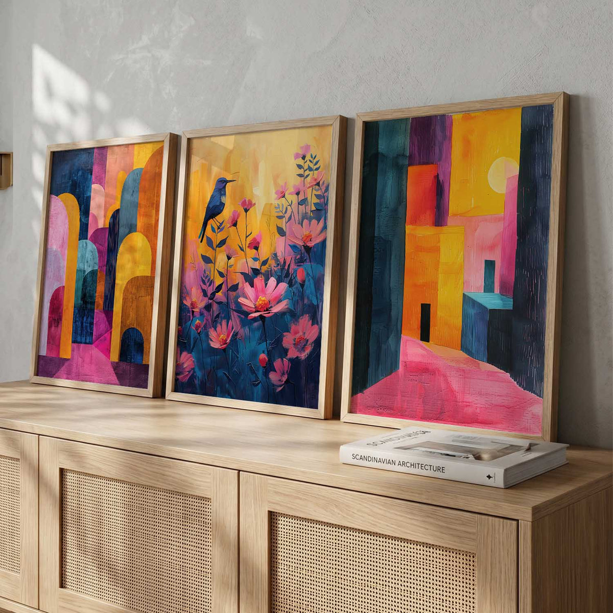 Vibrant Abstract Architecture and Flora Triptych