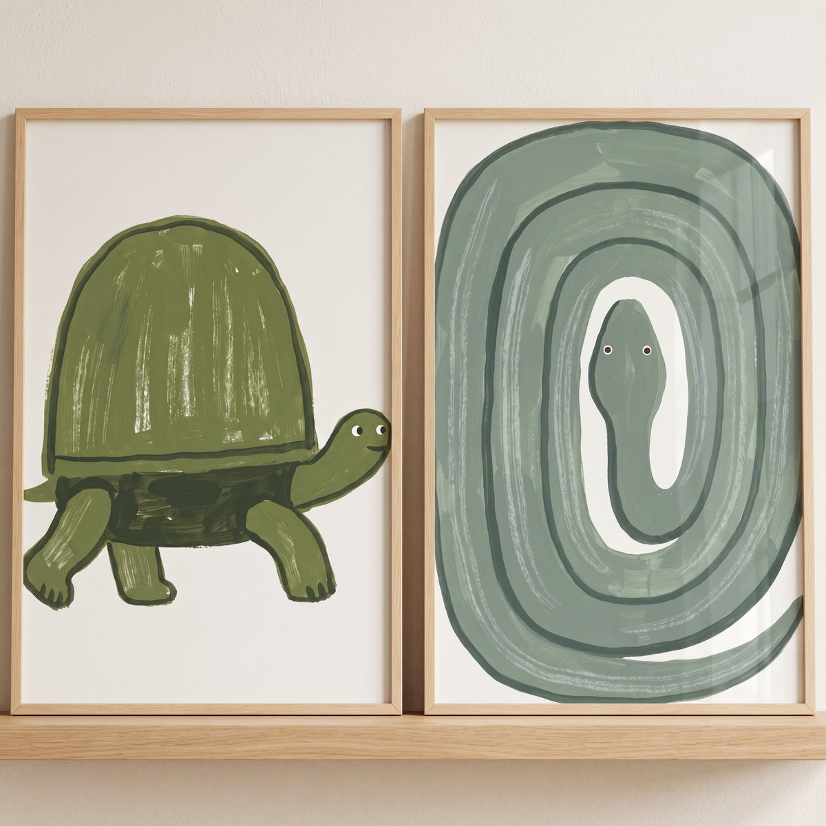 Charming Turtle and Coiled Snake Digital Art Print Set
