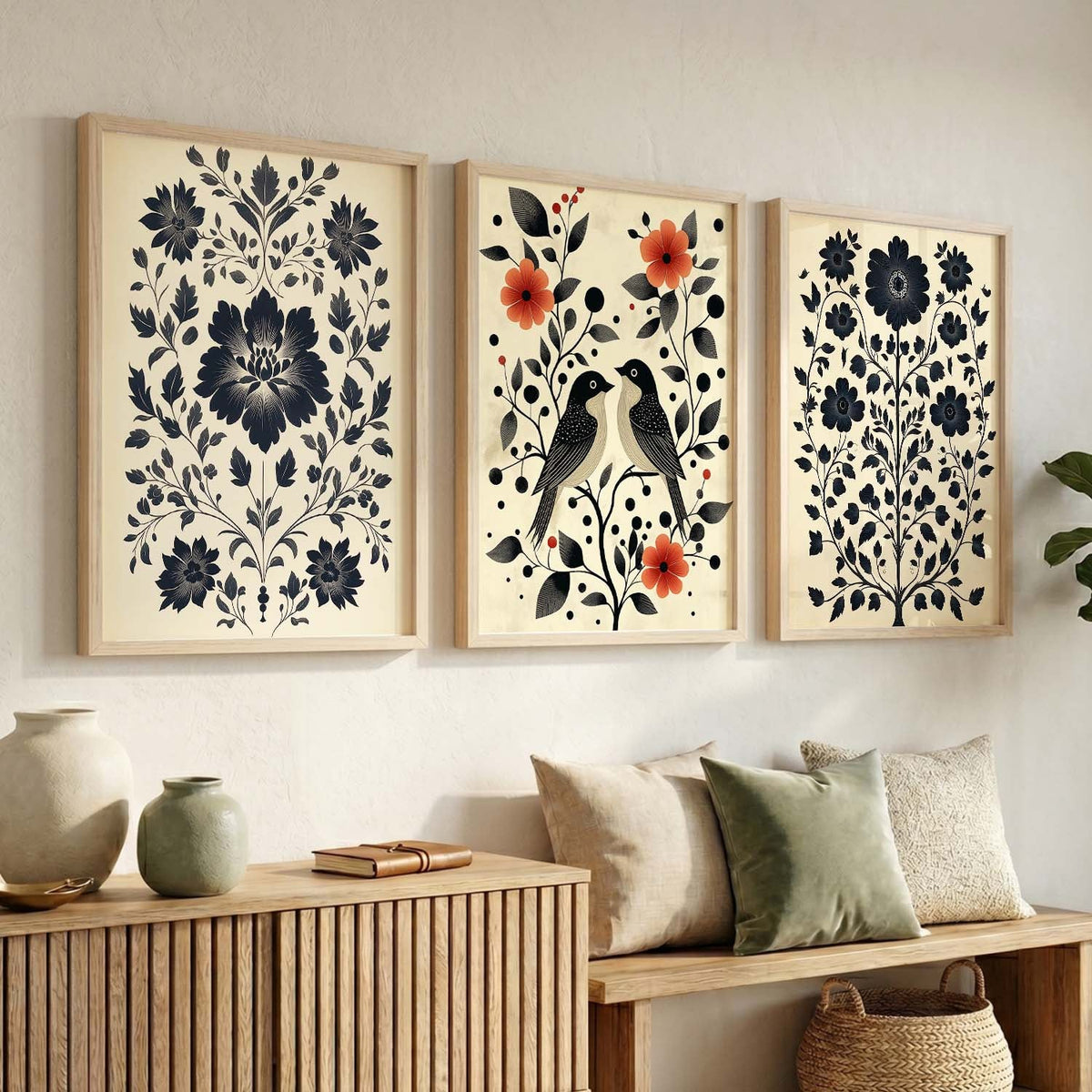 Botanical Birds Triptych Digital Art