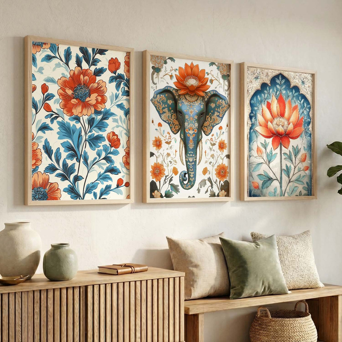 Bohemian Botanical Elephant Triptych Digital Art