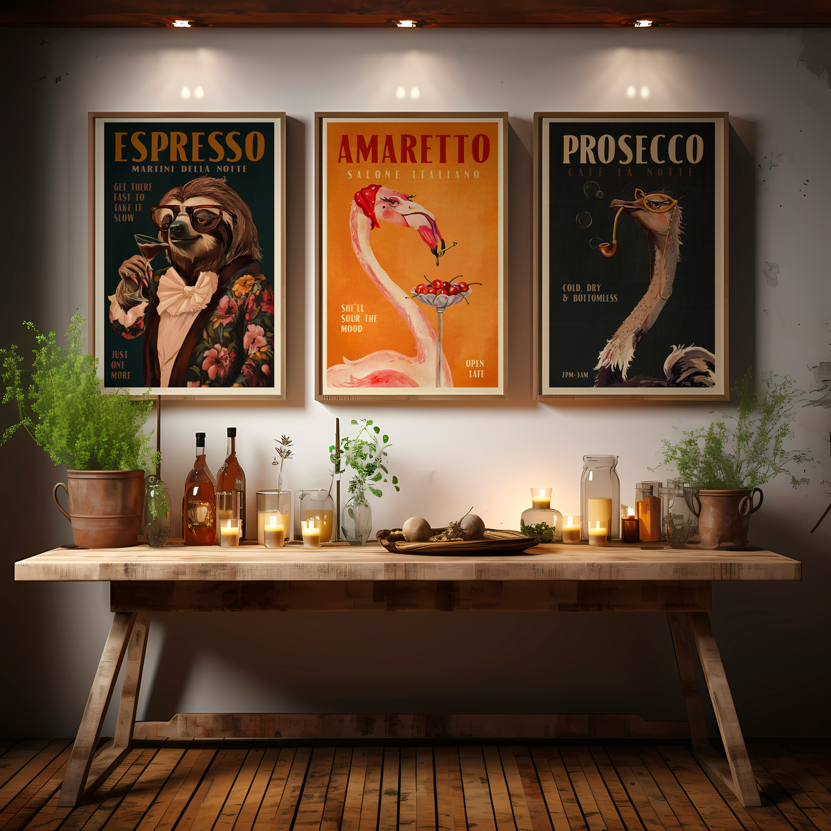 Retro Cocktail Animals Digital Art Triptych