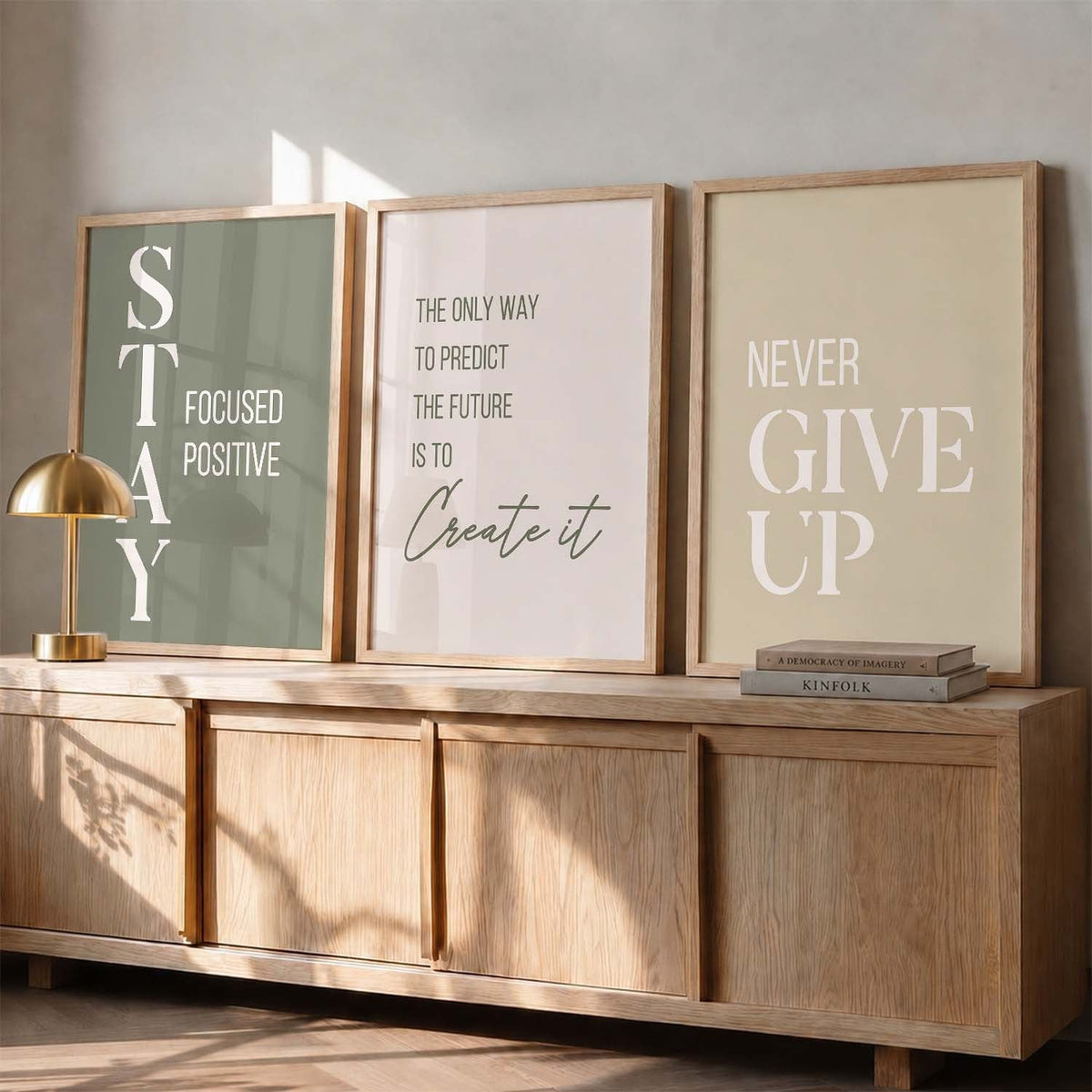 Stay Focused, Predict the Future, Never Give Up Inspirational Typography Triptych Digital Art