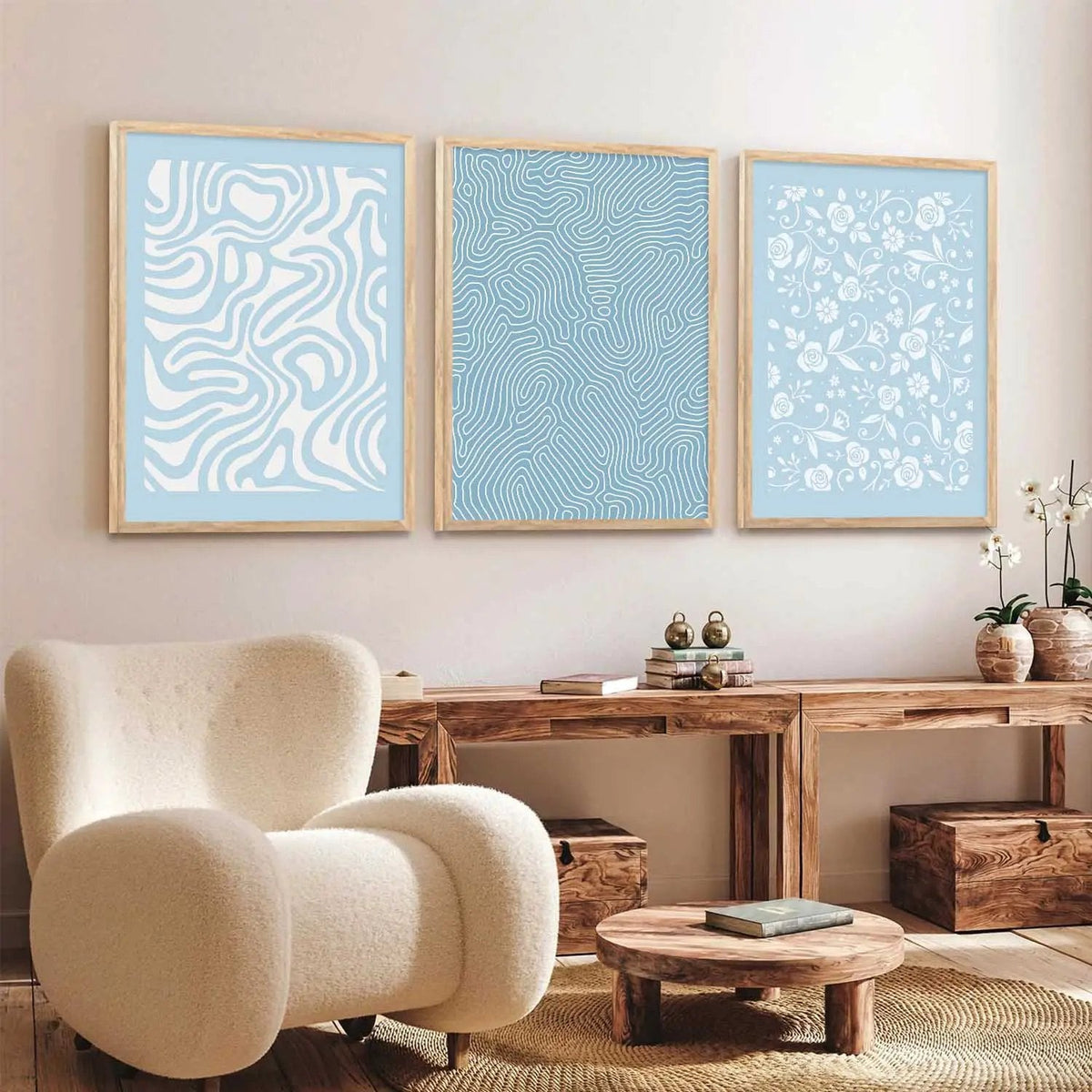 Pastel Blue Botanical & Abstract Triptych Digital Artwork