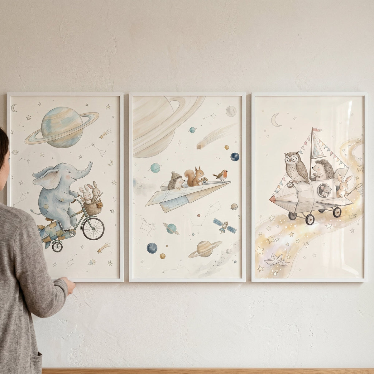 Watercolor Space Animals Digital Art Triptych
