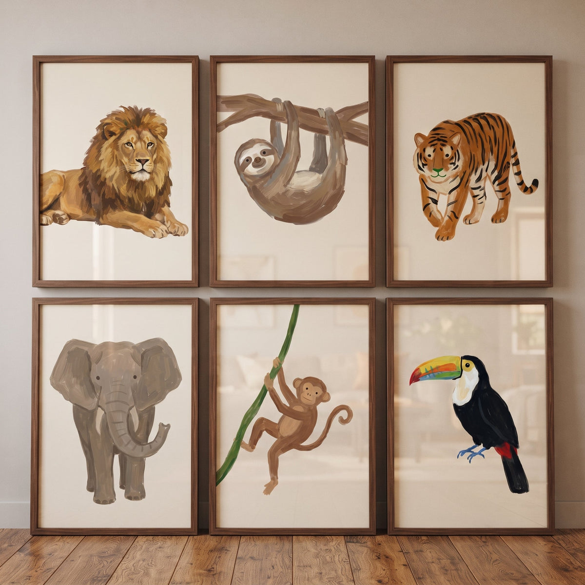 Safari Jungle Animals Watercolor Digital Gallery Wall Art Set