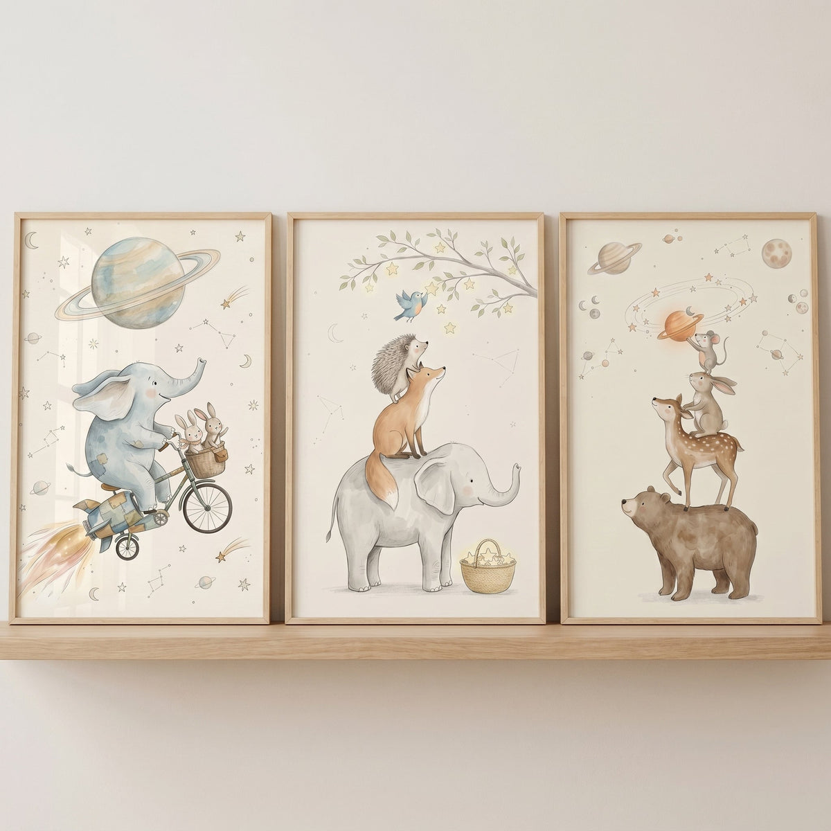 Whimsical Space Animals Digital Art Trio