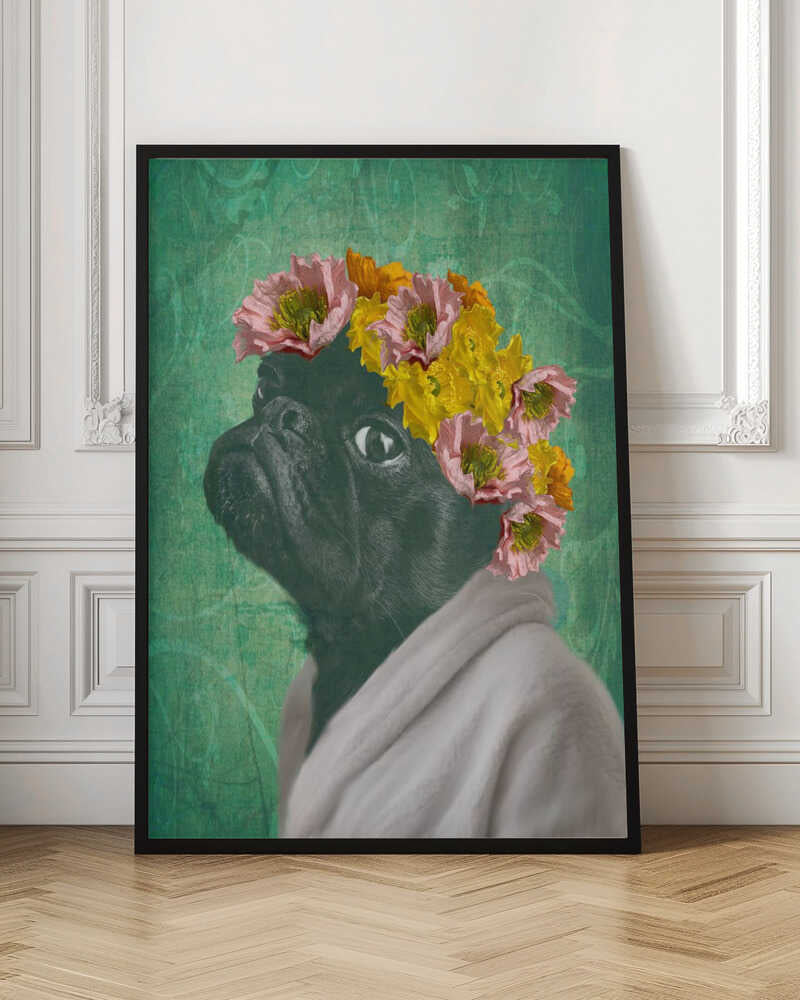 Regal Black Pug in Floral Crown Digital Artwork