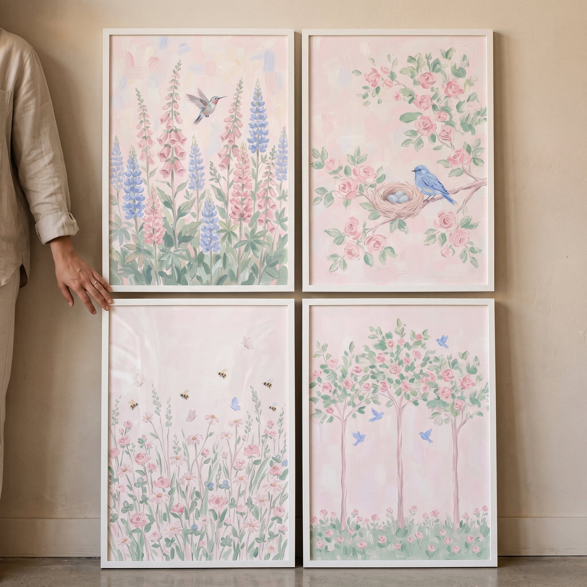 Charming Pastel Floral and Wildlife Digital Art Set of Four