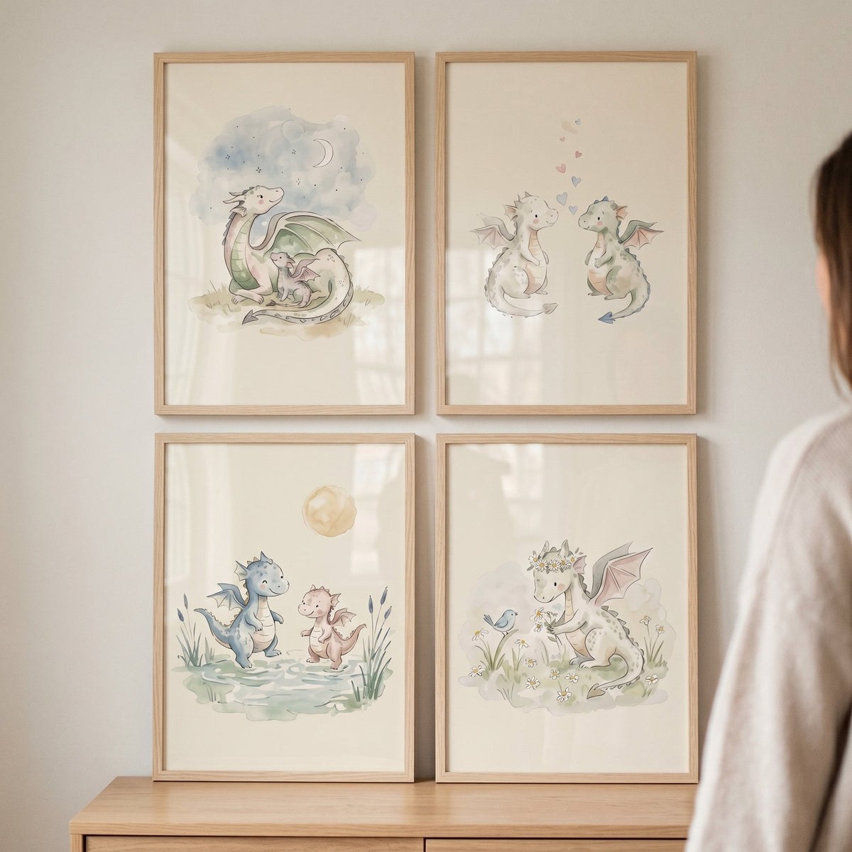 Watercolor Dragon Family Wall Art Set of Four