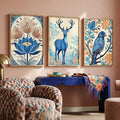 Blue Botanical Flora and Fauna Triptych