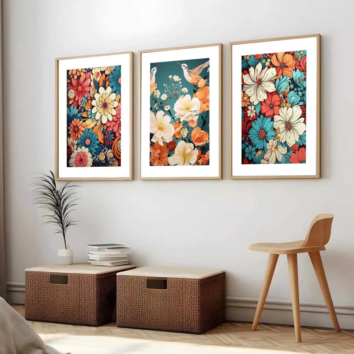 Blooming Harmony Floral Triptych Digital Art