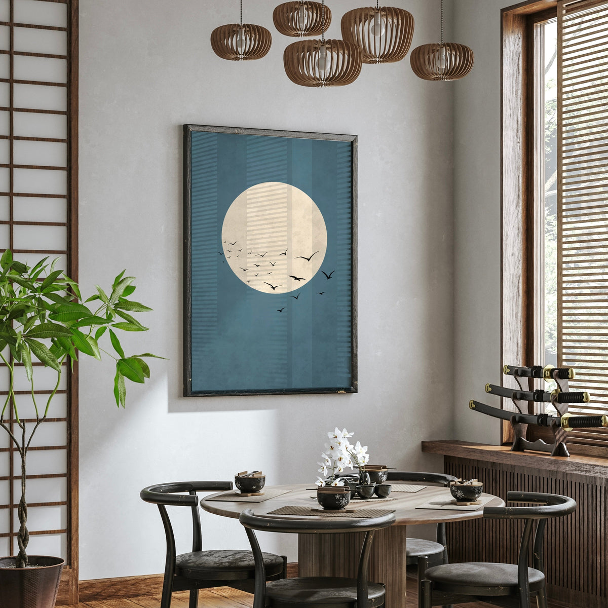 Moonlit Flight Japanese Minimalist Digital Art