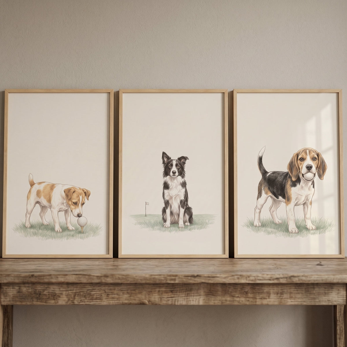 Golfing Pups Digital Art Triptych