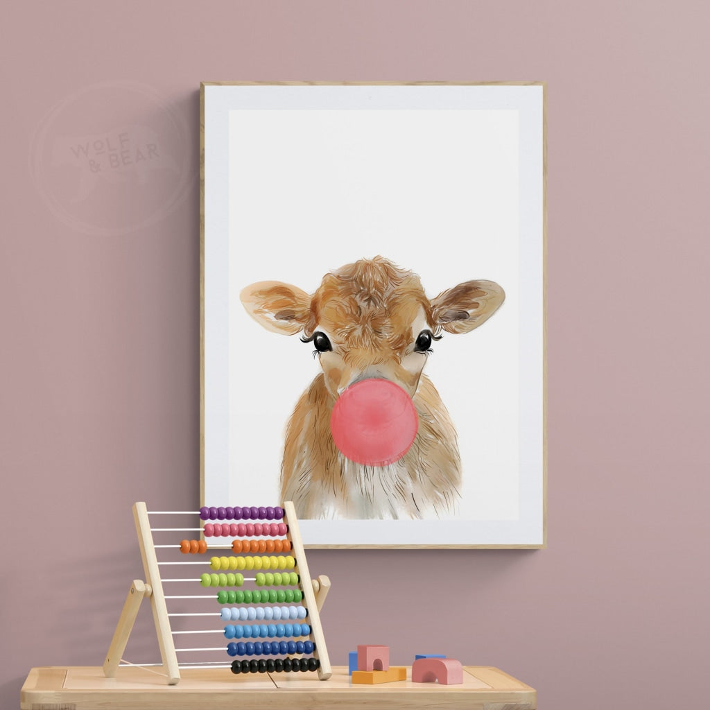 Cute Calf Blowing Bubble Gum Digital Print