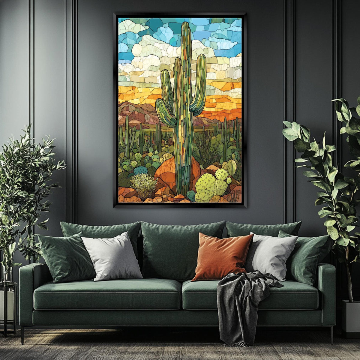 Desert Sunset Stained Glass Cactus Digital Art