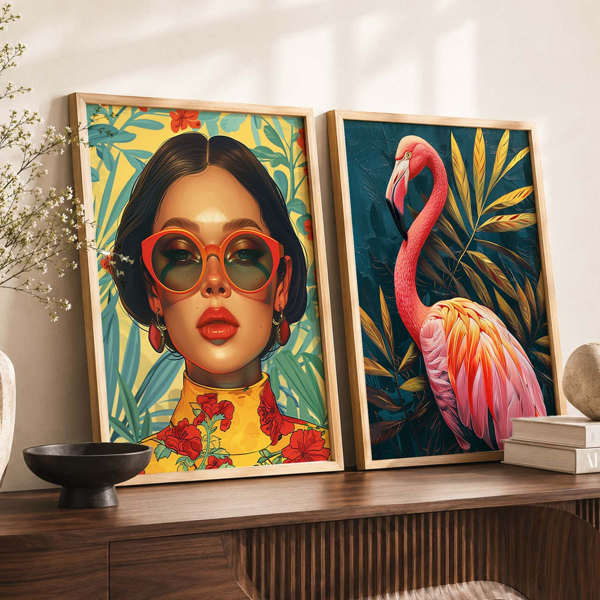 Tropical Chic Portrait and Flamingo Digital Art Set