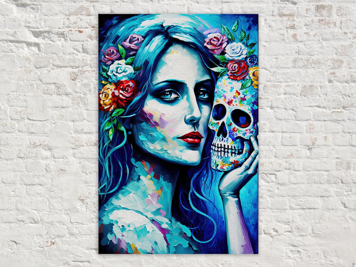Mystic Blue Woman and Floral Skull Digital Artwork