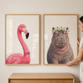 Chic Flamingo and Floral Hippo Digital Art Duo