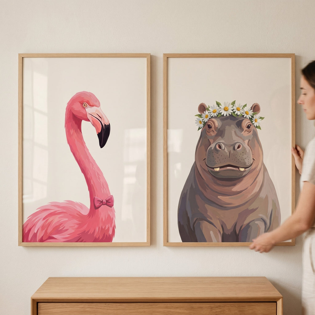 Chic Flamingo and Floral Hippo Digital Art Duo