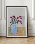 Red Tulips in Blue Striped Vase Digital Art