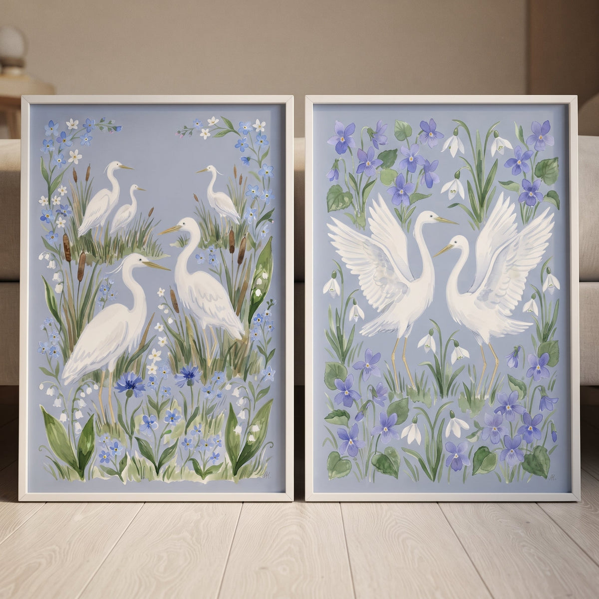 Graceful Egrets and Wildflowers Digital Art Print Set